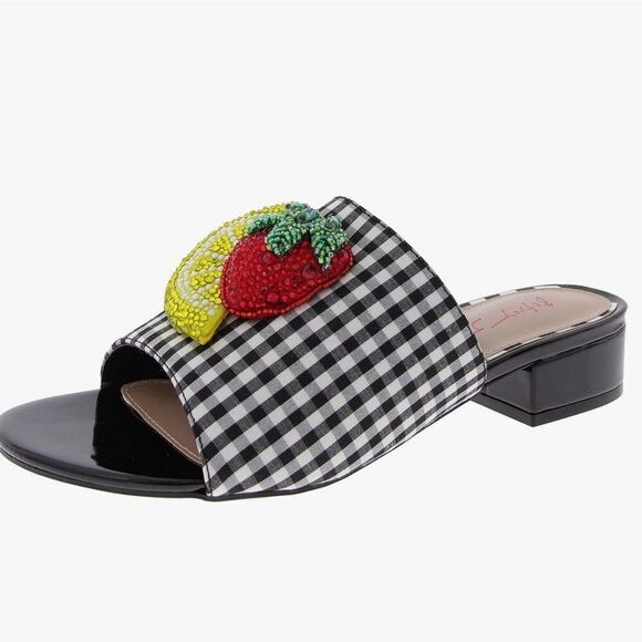 Betsey Johnson Black and White Gingham Sandals with Strawberry Appliqué - Picture 3 of 9